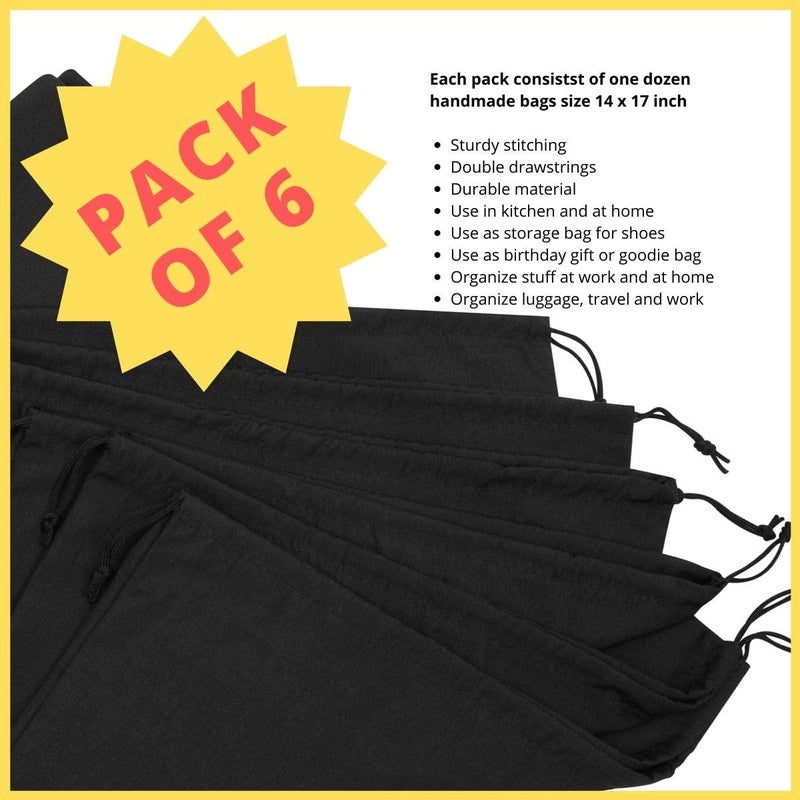 DR Black Cotton Drawstring Bags with Double String, For Pantry Gifts Kitchen Wardrobe (12 x 16 inch - 6 pack) - Image 5